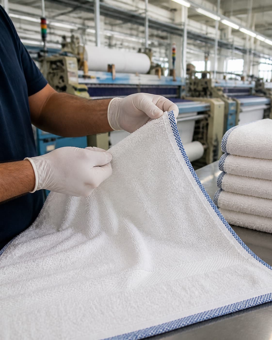 Profissional inspecionando o acabamento de uma toalha na fábrica